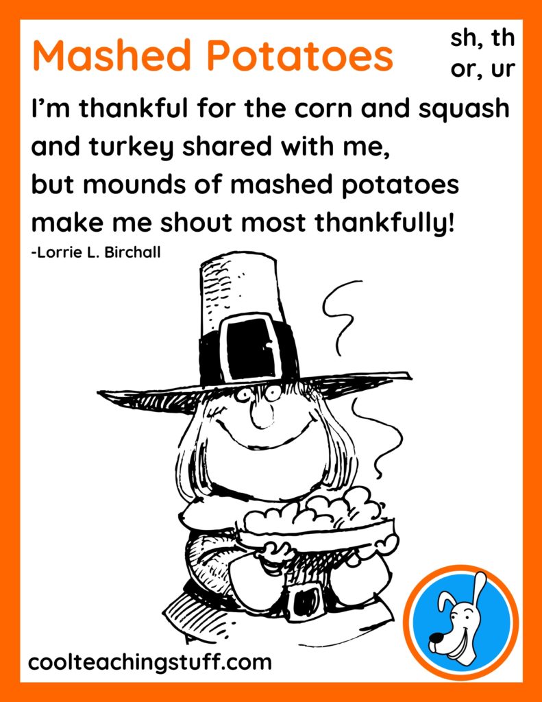 Image of Thanksgiving phonics poem, "Mashed Potatoes," by Lorrie L. Birchall